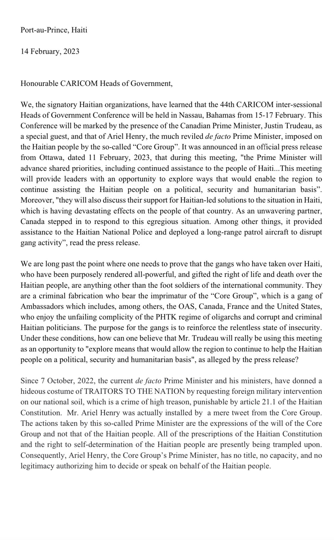 Haitian Civil Society Organizations to CARICOM